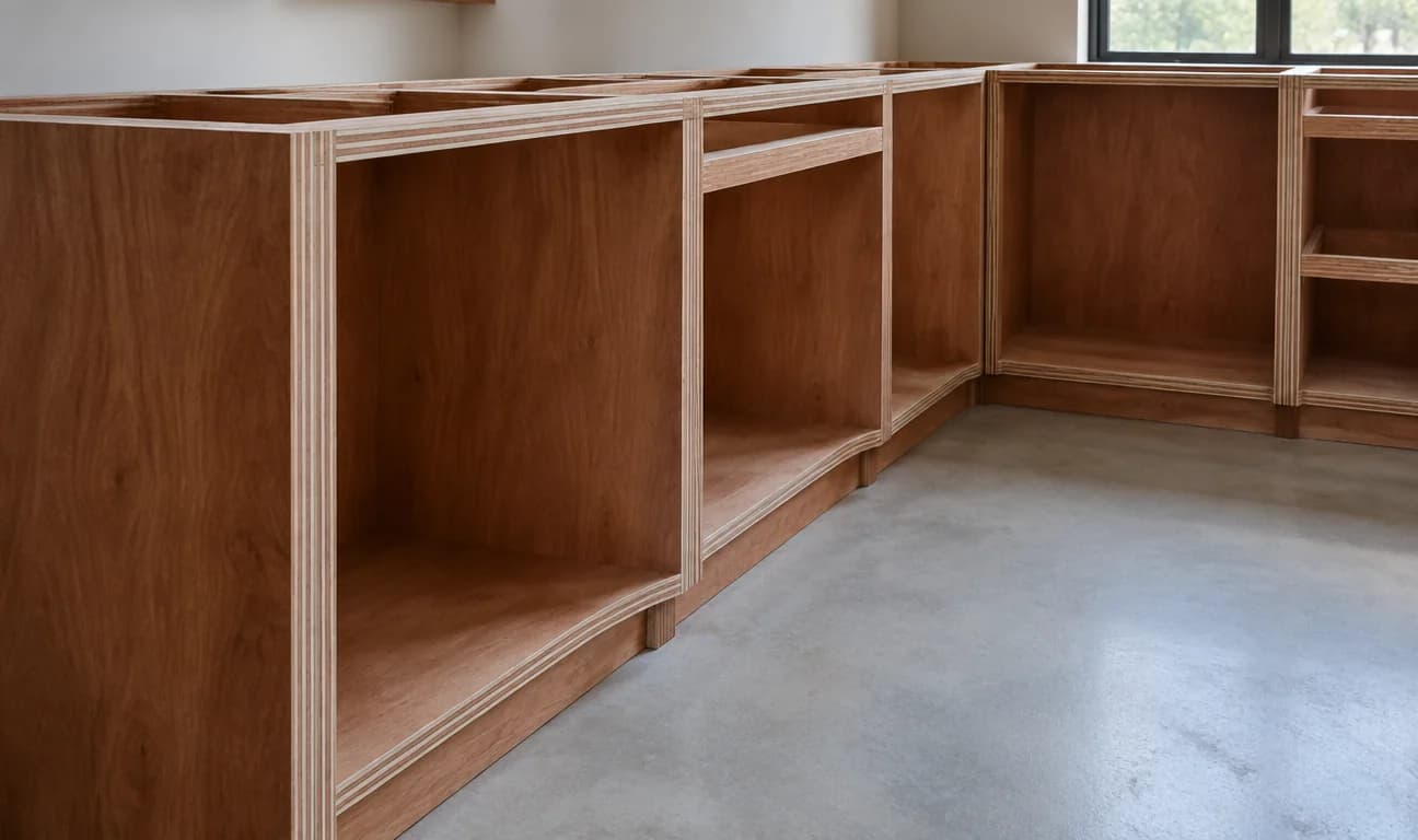 Raw red hardwood plywood base carcasses with layered edges