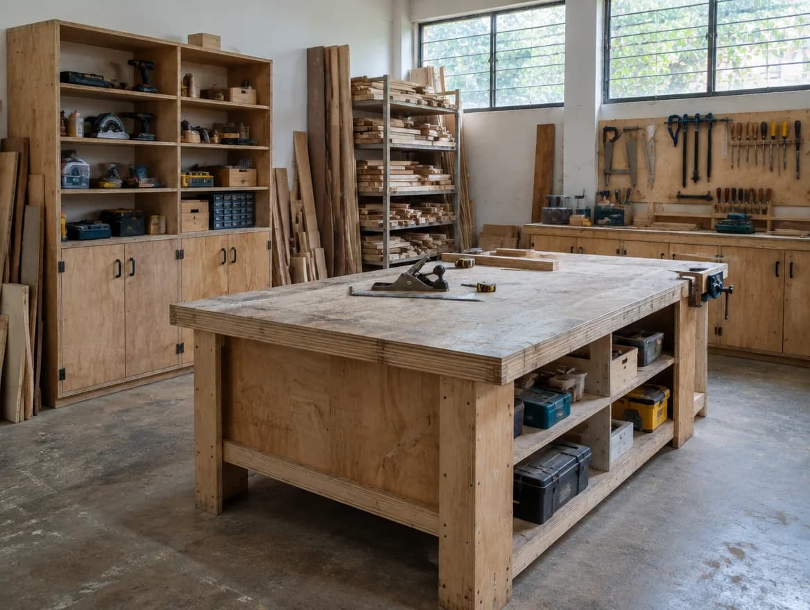 Carpentry workshop with a sturdy plywood workbench, storage cabinets and tool shelving