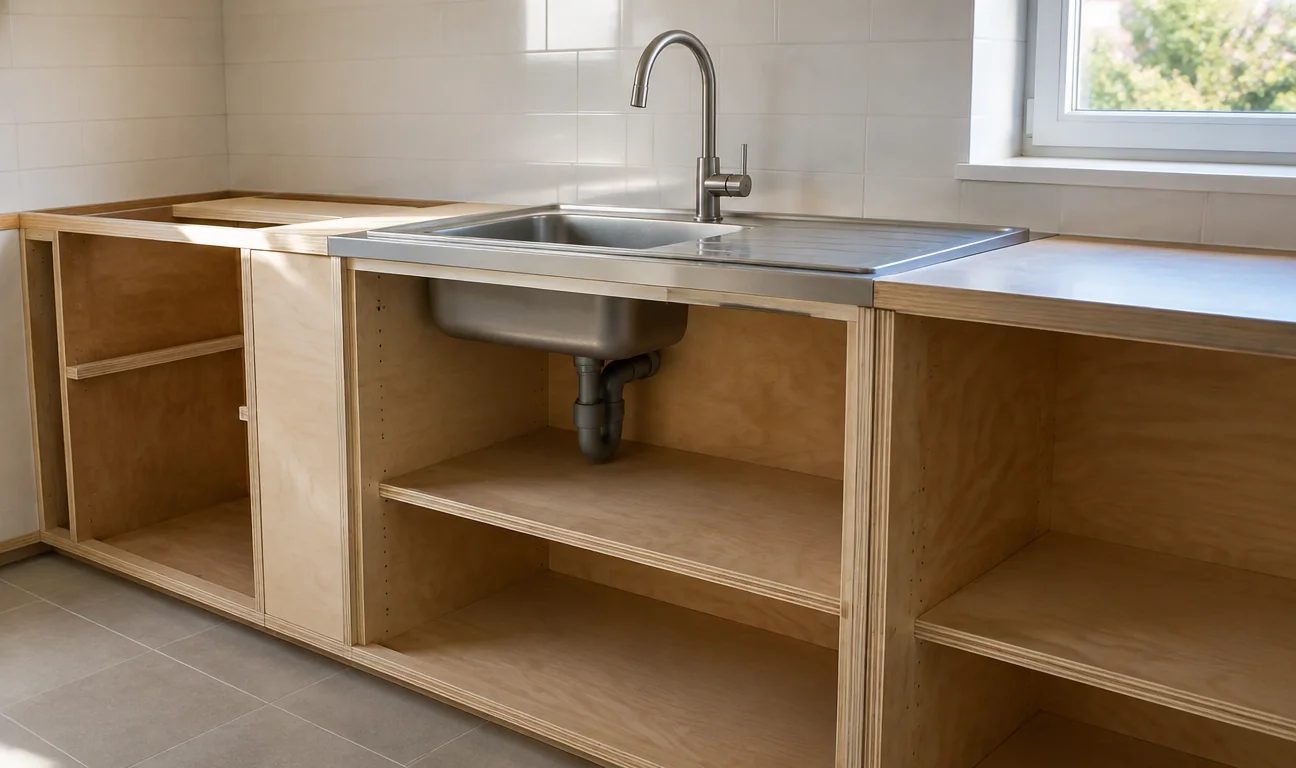 Plywood kitchen base carcasses with a steel sink fitted