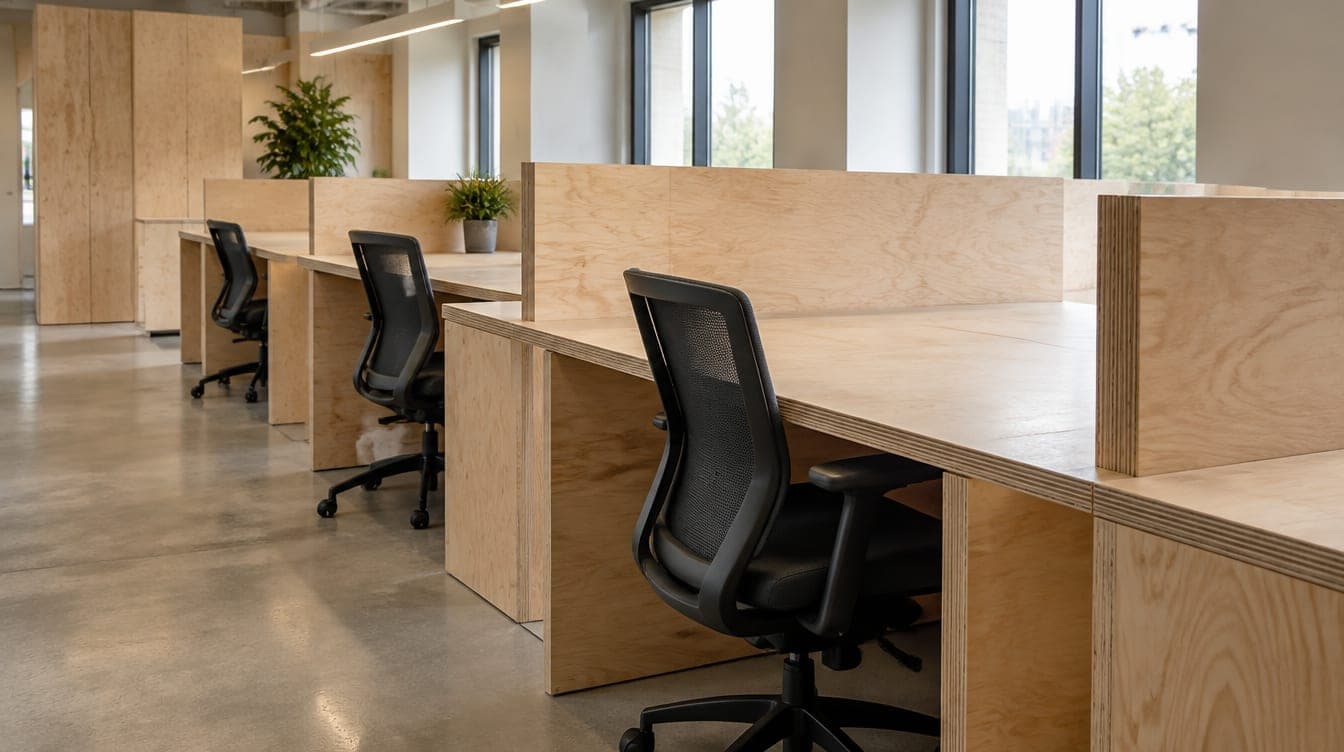 Office with plywood workstation desks and low plywood partitions