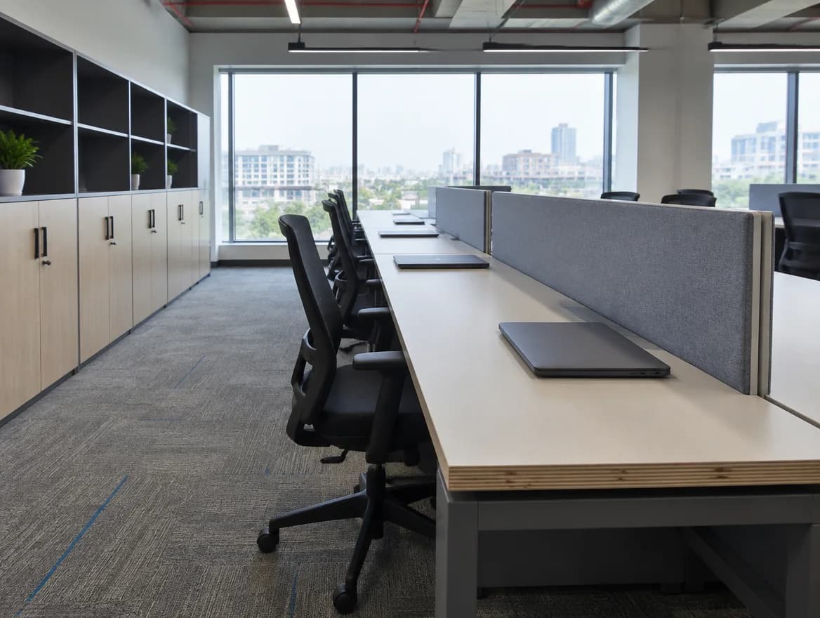 Office with rows of workstation desks, partition screens and a wall of storage cabinets