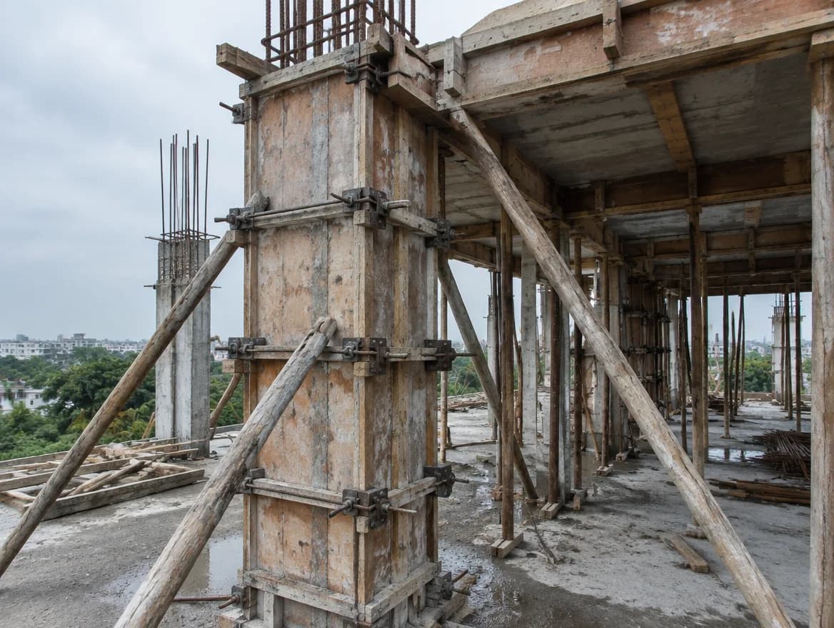 Building site with plywood shuttering clamped around concrete columns and under a slab