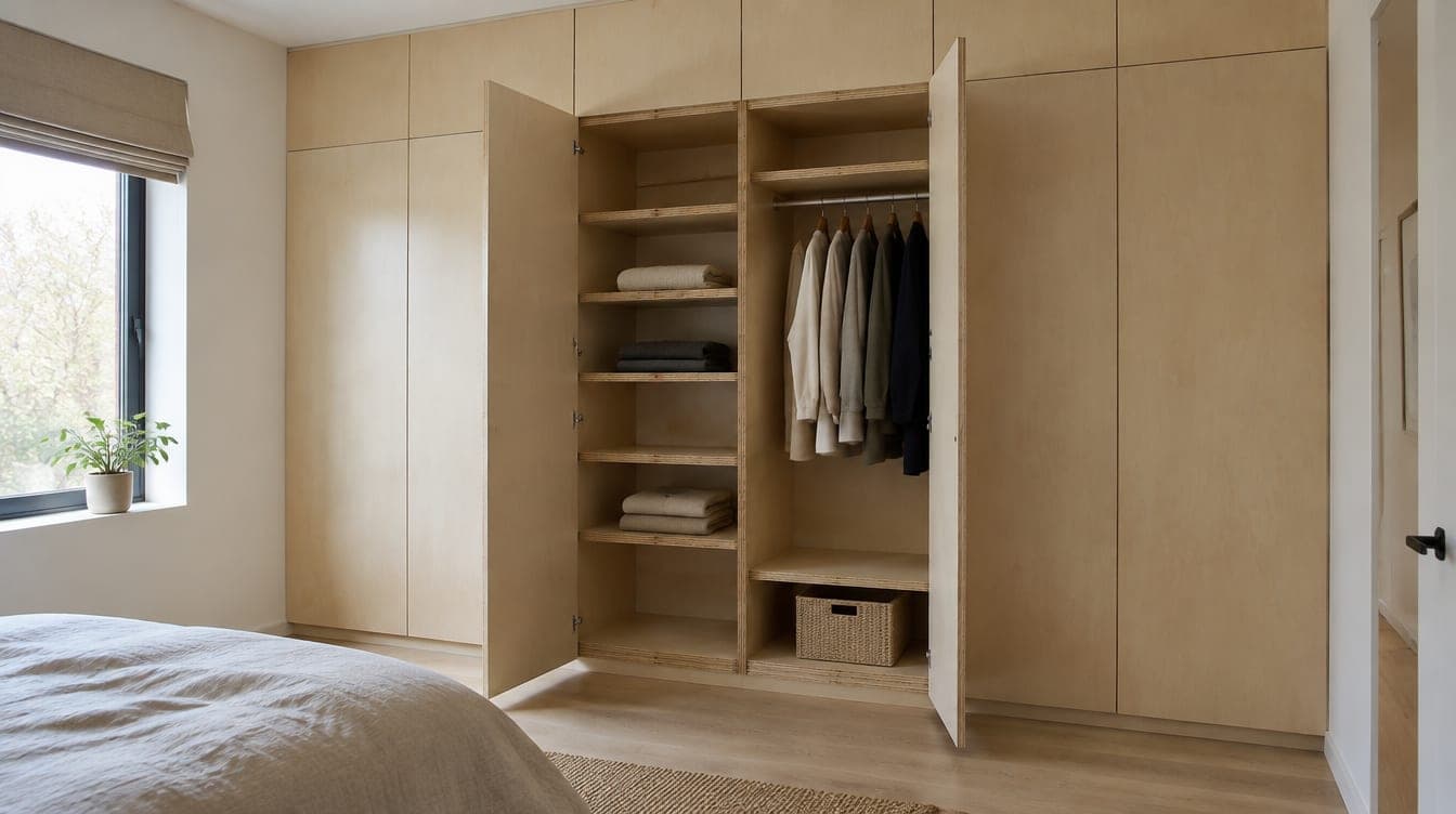 Built-in plywood wardrobe with open doors showing layered shelf edges
