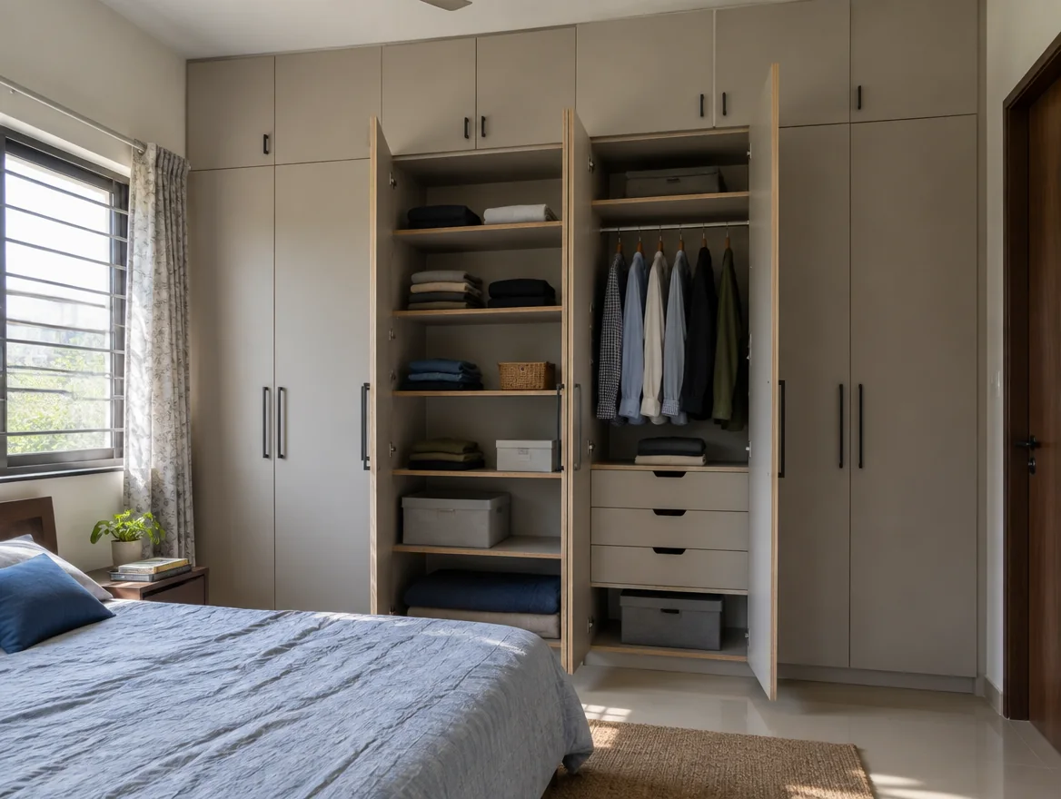 Built-in bedroom wardrobe with doors open, showing shelves, a hanging rail and drawers