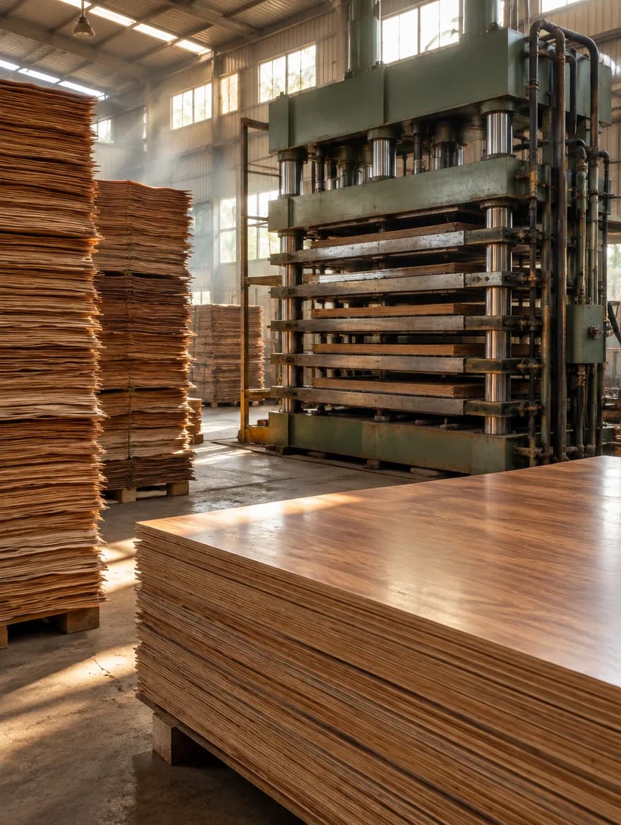 Plywood plant interior with veneer stacks beside a multi-daylight hydraulic hot press and pressed sheets in front