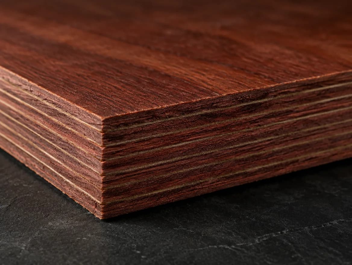 BWP Full Red Hardwood Core sheet showing its layered edge