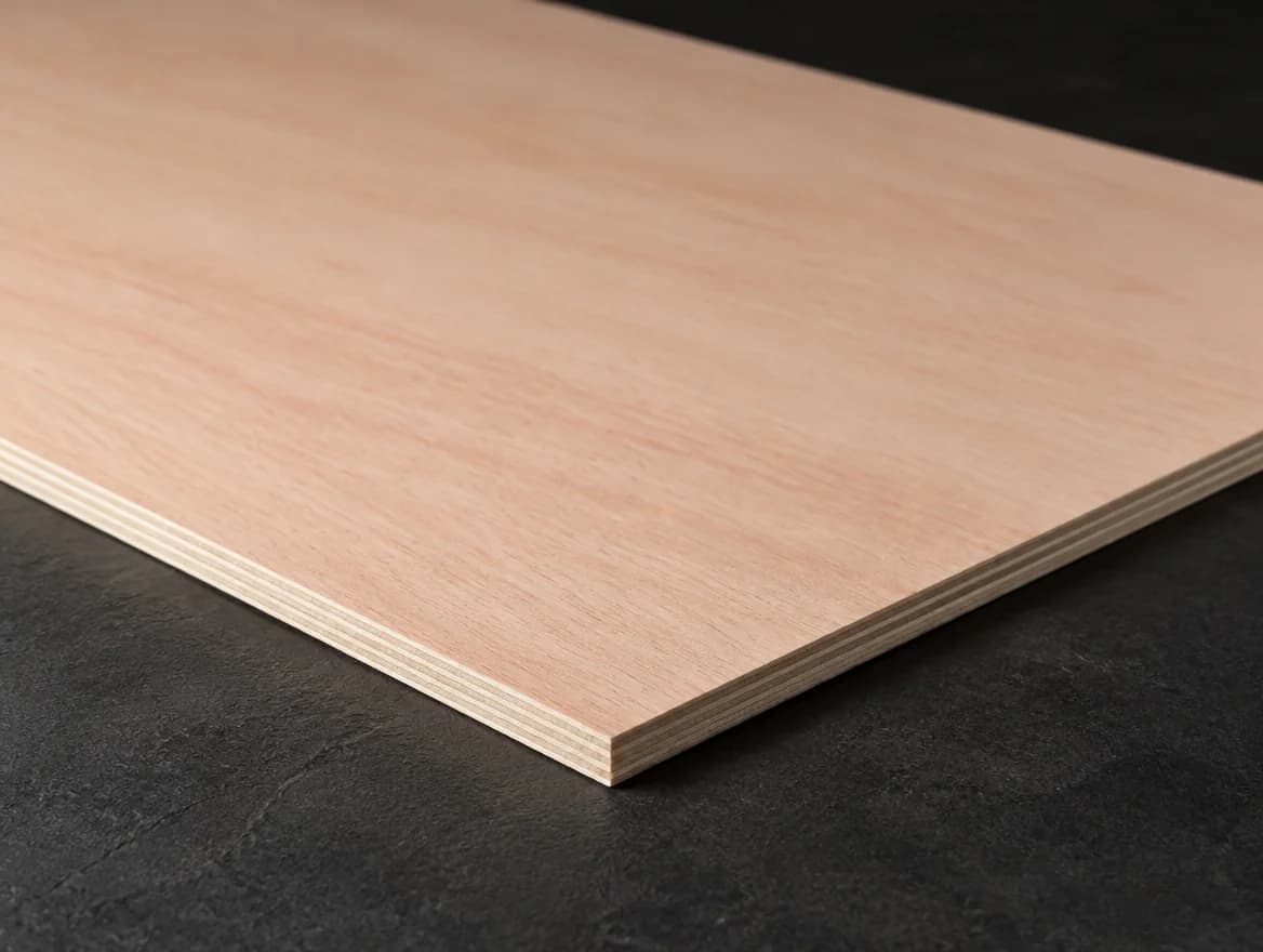 Okoume MR Grade Plywood sheet showing its layered edge